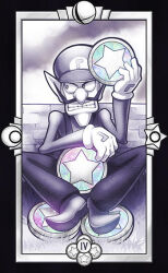 Rule 34 | 1boy, black border, border, brick wall, cabbie hat, clenched teeth, cloud, cloudy sky, coin, commentary, crescent, english commentary, facial hair, full body, gloves, grass, hat, holding, holding coin, limited palette, long sleeves, looking to the side, male focus, mario (series), mustache, nintendo, outdoors, overalls, oversized object, pointy ears, pointy footwear, quas-quas, roman numeral, shirt, shoes, short hair, sitting, sky, smash ball, solo, star (symbol), straight-on, super smash bros., tarot, tarot (medium), teeth, very short hair, waluigi
