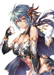 Rule 34 | 1girl, armor, bikini armor, black gloves, blue cape, breasts, cape, cleavage, elbow gloves, facial mark, faulds, fingerless gloves, gloves, hair between eyes, highres, large breasts, leaning forward, looking at viewer, nasaniliu, original, red eyes, revision, short hair, silver hair, simple background, smile, solo, standing, white background
