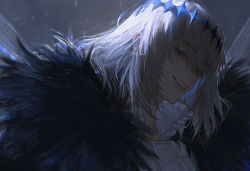 Rule 34 | 1boy, arthropod boy, artist name, au (d elete), blue eyes, cape, cloak, crown, dark persona, diamond hairband, fate/grand order, fate (series), fur-trimmed cape, fur-trimmed cloak, fur trim, grey hair, insect wings, long sleeves, looking at viewer, male focus, oberon (fate), oberon (third ascension) (fate), portrait, shirt, signature, smile, solo, spoilers, twitter username, white shirt, wings