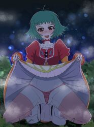 Rule 34 | 1girl, ahoge, blush, brown eyes, choker, clothes lift, dress, dress lift, farah oersted, female focus, full body, green hair, groin tendon, highres, lifting own clothes, looking at viewer, namco, night, night sky, oi (oi04108571), open mouth, outdoors, ribbon choker, short hair, sky, smile, solo, spread legs, squatting, tales of (series), tales of eternia, thick thighs, thighhighs, thighs, thong