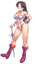 Rule 34 | 1girl, abs, ahoge, armpits, bikini, boots, bracer, brown hair, choker, female focus, full body, game console, golden axe, hand on own hip, highres, holding, holding sword, holding weapon, long hair, muscular, muscular female, navel, parted bangs, sega, sega mega drive, simple background, solo, swimsuit, sword, tyris flare, uchiu kazuma, weapon, white background