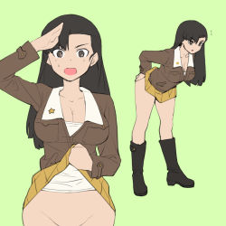Rule 34 | 1girl, asymmetrical bangs, black eyes, black footwear, black hair, boots, breasts, brown jacket, chi-hatan military uniform, cleavage, clothes lift, girls und panzer, grey background, groin, highres, jacket, knee boots, large breasts, leaning forward, lifted by self, long hair, long sleeves, looking at viewer, military, military uniform, miniskirt, multiple views, nishi kinuyo, no panties, notice lines, onsen tamago (hs egg), open mouth, parted lips, pleated skirt, salute, simple background, skirt, skirt lift, smile, standing, star (symbol), straight hair, sweatdrop, uniform, yellow skirt