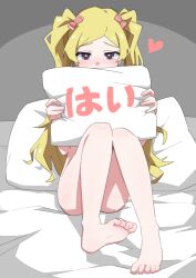 Rule 34 | 1girl, bed sheet, blonde hair, blush, bow, completely nude, convenient leg, emily stewart, feet, hair bow, heart, highres, holding, holding pillow, idolmaster, idolmaster million live!, knees together feet apart, knees up, long hair, looking at viewer, nude, ohgi910, pillow, sitting, soles, solo, toes, twintails, very long hair, yes-no pillow