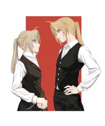 Rule 34 | 2boys, absurdres, ahoge, automail, black pants, black vest, blonde hair, cbow, chain, coat, unworn coat, collared shirt, comparison, conqueror of shambala, dual persona, edward elric, eye contact, from side, frown, fullmetal alchemist, grey hair, hand on own hip, height difference, highres, long hair, long sleeves, looking at another, looking down, male focus, mechanical arms, multiple boys, own hands together, pants, ponytail, popped collar, profile, red background, shirt, single mechanical arm, smile, smirk, smug, vest, white background, white shirt, yellow eyes