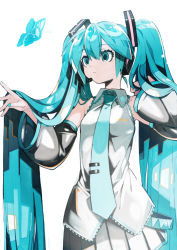 Rule 34 | 1girl, aqua eyes, aqua hair, aqua necktie, black skirt, bug, butterfly, commentary, cowboy shot, detached sleeves, hand in own hair, hatsune miku, headset, highres, insect, long hair, necktie, parted lips, shirt, simple background, skirt, solo, standing, suzukou, symbol-only commentary, twintails, very long hair, vocaloid, white background, white shirt