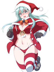 Rule 34 | 10s, 1girl, aqua eyes, aqua hair, black gloves, breasts, capelet, christmas, gloves, hair between eyes, hat, jacket, kantai collection, large breasts, long hair, looking at viewer, midriff, mikagami sou, navel, open clothes, open jacket, open mouth, pom pom (clothes), santa costume, santa hat, solo, standing, standing on one leg, striped clothes, striped thighhighs, suzuya (kancolle), thighhighs
