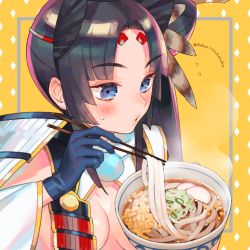 Rule 34 | 1girl, armor, black hair, blue eyes, breast curtains, breasts, chopsticks, detached sleeves, eating, fate/grand order, fate (series), feathers, food, hat, japanese armor, long hair, medium breasts, noodles, parted bangs, sara (kurome1127), side ponytail, solo, tate eboshi, udon, ushiwakamaru (fate), very long hair