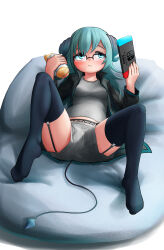 Rule 34 | 1girl, absurdres, ac2909, black jacket, black thighhighs, blue eyes, brand name imitation, breasts, casual, demon girl, demon horns, demon tail, eating, eyebrows hidden by hair, female focus, food, garter belt, garter straps, glasses, green hair, grey shirt, grey shorts, hair between eyes, highres, holding, holding food, horns, jacket, knees up, light blush, looking at object, medium breasts, nintendo switch, original, reclining, sandwich, semi-rimless eyewear, shirt, shorts, solo, spread legs, tail, thick thighs, thighhighs, thighs, white background