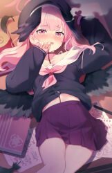 Rule 34 | 1girl, @ @, beret, black hat, black shirt, black wings, blue archive, blush, commentary request, embarrassed, feathered wings, feathers, from above, furrowed brow, halo, hat, head wings, highres, koharu (blue archive), long hair, long sleeves, looking at viewer, low wings, lying, midriff peek, monoto, neckerchief, notebook, on back, open mouth, paper, pink eyes, pink hair, pink halo, pink neckerchief, pleated skirt, purple skirt, sailor collar, school uniform, shirt, skirt, sleeves past fingers, sleeves past wrists, solo, sweatdrop, twintails, white sailor collar, winged hat, wings