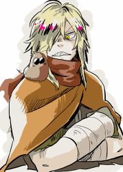 Rule 34 | &gt;:(, 1boy, bandaged arm, bandages, blonde hair, boota (ttgl), brown scarf, cape, claws, clenched teeth, commentary request, creature, creature on shoulder, cropped torso, crossed arms, frown, hair over one eye, hair over shoulder, katou (hyaena), long hair, looking at another, male focus, on shoulder, orange cape, oversized limbs, sanpaku, scarf, sharp teeth, simple background, sleeveless, slit pupils, solo, teeth, tengen toppa gurren lagann, upper body, v-shaped eyebrows, viral (ttgl), white background, yellow eyes