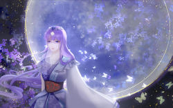 Rule 34 | 1girl, absurdres, asymmetrical sleeves, bug, butterfly, glowing butterfly, hair ornament, highres, insect, light, long hair, moon, night, purple hair, qinshi mingyue, sash, shao siming (qin shi ming yue), shao siming zhuye, solo, veil