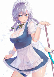 Rule 34 | 1girl, :o, amisu, apron, blue dress, blue eyes, blush, bow, bow panties, bra, braid, breasts, collarbone, commentary request, cowboy shot, dress, frilled apron, frills, green bow, hair between eyes, hair bow, hand up, holding, hose, izayoi sakuya, large breasts, looking at viewer, maid, maid apron, maid headdress, panties, parted lips, petticoat, see-through, shirt, short dress, short hair, short sleeves, silver hair, simple background, solo focus, standing, thigh strap, thighs, touhou, twin braids, underwear, waist apron, water, wet, wet clothes, white apron, white background, white bra, white panties, white shirt, wrist cuffs