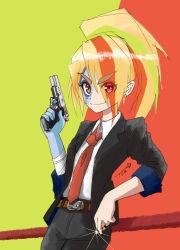 Rule 34 | 10s, 1girl, assassin, bandaged arm, bandages, belt, belt buckle, black jacket, black pants, blonde hair, blue skin, buckle, bullet, chutohampa, collared shirt, colored skin, commentary request, earrings, gangster, graphite (medium), green background, green skin, grin, gun, handgun, holding, holding bullet, holding gun, holding weapon, jacket, jewelry, leaning back, long hair, loose necktie, multicolored background, multicolored hair, multicolored skin, necktie, nikaidou saki, orange background, orange eyes, pants, pistol, ponytail, red background, red necktie, shirt, signature, sleeves rolled up, smile, smith &amp; wesson, solo, streaked hair, thick eyebrows, traditional media, trigger discipline, weapon, white shirt, zombie, zombie land saga