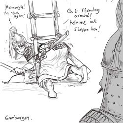 Rule 34 | 1boy, 1girl, all fours, armor, artist name, ass, blush, boots, english text, from behind, gambargin, greyscale, helmet, ladder, looking back, meme, monochrome, mount &amp; blade, pun, shoulder plates, unsheathed