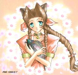 Rule 34 | 1990s (style), 1girl, aerith gainsborough, animal ears, bell, bow, brown hair, cat ears, cat girl, character name, choker, dated, drill hair, final fantasy, final fantasy vii, fish, flower, green eyes, hair ribbon, kemonomimi mode, long hair, neck bell, pink bow, ponytail, retro artstyle, ribbon, sidelocks, solo, square enix