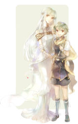 Rule 34 | 1boy, 1girl, bare shoulders, boots, bracelet, breasts, brother and sister, capelet, choker, dress, fire emblem, fire emblem: the blazing blade, flute, full body, green hair, hair ornament, holding hands, head tilt, hetero, instrument, jewelry, kuzumosu, long hair, looking at viewer, medium breasts, nils, ninian, nintendo, open mouth, pants, red eyes, sash, shirt, siblings, silver hair, sleeveless, smile, standing, veil