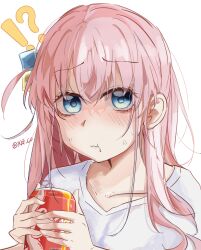 Rule 34 | !?, 1girl, absurdres, blue eyes, blush, bocchi the rock!, can, close-up, coca-cola, cola, cube hair ornament, drink can, gotoh hitori, hair ornament, highres, holding, holding can, looking at viewer, pink hair, rkf, shirt, solo, white background, white shirt