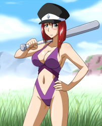 Rule 34 | 00s, 1girl, baseball bat, blush, breasts, casual one-piece swimsuit, center opening, cleavage, forte stollen, galaxy angel, goriate, grass, green eyes, hand on own hip, hat, hip focus, monocle, monocle chain, navel, one-piece swimsuit, red hair, solo, swimsuit