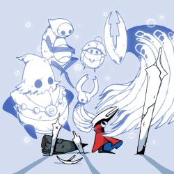 Rule 34 | 1boy, 2others, 3girls, arthropod boy, arthropod girl, bag over head, black skin, blue background, blue theme, broken, broken weapon, cloak, cloth (hollow knight), colored skin, crack, crossed arms, crossed legs, floating, from behind, full body, ghost, glowing, hands on own hips, hollow knight, hollow knight (character), hornet (hollow knight), kneeling, knight (hollow knight), light particles, looking at another, multiple girls, multiple others, myla (hollow knight), nail (hollow knight), own hands together, planted, quirrel, red cloak, sakana 2-gou, scratches, simple background, solid circle eyes, spoilers, weapon