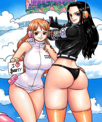 Rule 34 | 2girls, ass, blue sky, breasts, curvy, egghead island, huge ass, iury padilha, jacket, large breasts, leotard, long hair, looking at viewer, looking back, multiple girls, nami (one piece), nami (one piece) (egghead), nico robin, nico robin (egghead), one piece, revealing clothes, shiny skin, skindentation, sky, standing, thick thighs, thighs, thong, white leotard, wide hips
