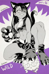 Rule 34 | 1boy, 1girl, alternate costume, animal ears, animal hands, breasts, cat ears, cat tail, chibi, commentary, constricted pupils, crop top, dark-skinned female, dark skin, english commentary, fang, gloves, hachiouji naoto, hair ornament, hairclip, halterneck, highres, ijiranaide nagatoro-san, inktober, kemonomimi mode, monochrome, nagatoro hayase, navel, paw gloves, paw shoes, petite, raised eyebrow, shoes, small breasts, squatting, tail, vinhnyu