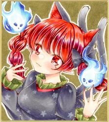 Rule 34 | 1girl, :3, animal ears, blue fire, blush, bow, braid, brown background, cat ears, cat tail, dress, extra ears, fire, flaming skull, floating skull, hair bow, hands up, highres, hitodama, juliet sleeves, kaenbyou rin, long sleeves, looking at viewer, multiple tails, nekofish666, nekomata, pointy ears, portrait, puffy sleeves, red eyes, red hair, shikishi, simple background, skull, smile, solo, tail, touhou, traditional media, twin braids, twintails, two tails, upper body