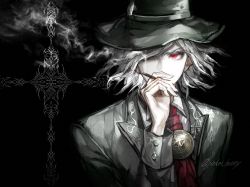 Rule 34 | 1boy, ascot, cigarette, edmond dantes (fate), edmond dantes (first ascension) (fate), fate/grand order, fate (series), fedora, hat, hat over one eye, koshika rina, male focus, red eyes, smoking, solo, wavy hair, white hair