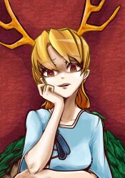 Rule 34 | 1girl, a816234, absurdres, antlers, blonde hair, blue shirt, dragon girl, dragon horns, dragon tail, fur-tipped tail, green scales, green tail, highres, horns, kicchou yachie, looking at viewer, monster girl, open mouth, red eyes, shirt, short hair, smile, square neckline, tail, touhou, turtle shell, yellow horns