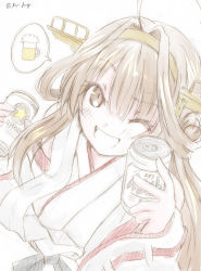 Rule 34 | 1girl, ;d, ahoge, alcohol, asahi breweries, beer, beer can, beer mug, blush, braid, braided bun, brown hair, can, chicken99, commentary request, cup, detached sleeves, double bun, drink can, hair bun, hairband, headgear, highres, japanese clothes, kantai collection, kongou (kancolle), long hair, mug, nontraditional miko, one-hour drawing challenge, one eye closed, open mouth, ribbon-trimmed sleeves, ribbon trim, sapporo beer, simple background, smile, twitter username