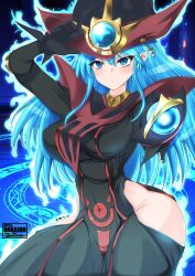 Rule 34 | 1girl, adjusting clothes, adjusting headwear, artist name, black dress, blue eyes, blue hair, breasts, covered navel, dated, dress, duel monster, hakaioh (shining wizard), hat, highres, hip vent, holding, holding wand, impossible clothes, impossible dress, large breasts, looking at viewer, official alternate color, pelvic curtain, red trim, silent magician, wand, witch hat, yu-gi-oh!, yu-gi-oh! duel monsters