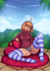 Rule 34 | 1girl, ahoge, brown hair, dr graevling, eyeliner, green eyes, lipstick, looking at viewer, makeup, nose, original, panties, pillow, reclining, short hair, solo, spread legs, striped clothes, striped thighhighs, sweater, sweater girl, thighhighs, turtleneck, underwear