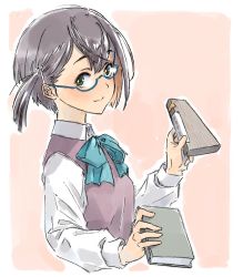 Rule 34 | 1girl, black hair, blue-framed eyewear, book, border, bow, bowtie, brown hair, commentary request, cropped torso, dress shirt, glasses, green eyes, kantai collection, long sleeves, looking at viewer, multicolored hair, okinami (kancolle), pink background, pink hair, purple vest, school uniform, shirt, short hair, solo, suzumaru, two-tone background, upper body, vest, white border, white shirt
