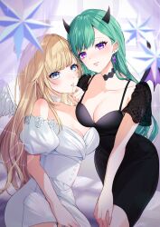 Rule 34 | 2girls, absurdres, aizawa ema, angel, angel and devil, bare shoulders, black choker, black dress, black horns, blonde hair, blue eyes, breast rest, breasts, choker, cleavage, collarbone, demon girl, demon horns, demon wings, dress, ear piercing, earrings, feathered wings, green hair, hair behind ear, hair flaps, halo, hand on own chin, hand on own thigh, highres, horns, jewelry, lace, lace choker, large breasts, long hair, looking at viewer, mole, mole on breast, multiple girls, parted lips, piercing, puffy short sleeves, puffy sleeves, purple eyes, purple wings, see-through, see-through sleeves, short dress, short sleeves, single earring, sparkle, swept bangs, very long hair, virtual youtuber, vspo!, white choker, white dress, white wings, wings, yakumo beni, yaya (88cha), yuri
