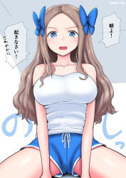 Rule 34 | 1girl, aged up, alternate costume, asakaze (kancolle), blue bow, blue eyes, blue shorts, bow, breasts, collared shirt, cypress, dolphin shorts, forehead, hair bow, highres, kantai collection, large breasts, light brown hair, long hair, looking at viewer, open mouth, parted bangs, revision, shirt, short shorts, shorts, sidelocks, solo, spaghetti strap, speech bubble, spread legs, tank top, translated, wavy hair, white shirt, white tank top
