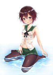 Rule 34 | 10s, 1girl, absurdres, bad id, bad pixiv id, black pantyhose, blush, breasts, brown hair, covered erect nipples, gradient hair, highres, kantai collection, looking at viewer, multicolored hair, mutsuki (kancolle), navel, pantyhose, puririn, red hair, school uniform, see-through, serafuku, short hair, sitting, sleeveless, small breasts, solo, wariza, wet, wet clothes