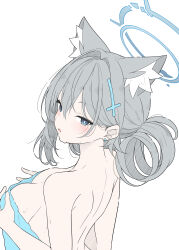 1girl absurdres alternate_hairstyle animal_ear_fluff animal_ears blue_archive blue_halo blush breasts commentary cross cross_hair_ornament earrings extra_ears flat_color from_behind hair_ornament hair_rings halo highres inverted_cross jewelry large_breasts looking_at_viewer mismatched_pupils naked_towel open_mouth shiroko_(blue_archive) shiroko_terror_(blue_archive) short_hair simple_background single_hair_ring solo stud_earrings symbol-only_commentary t1kosewad towel wet white_background wolf_ears wolf_girl