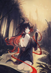 Rule 34 | 1girl, ahoge, bare back, bare shoulders, black hair, black jacket, bug, butterfly, commentary request, darkworldsss, forest, hair ornament, hair over one eye, hand up, highres, honkai (series), honkai impact 3rd, insect, jacket, long hair, long sleeves, looking at viewer, looking back, multicolored hair, naked jacket, nature, open clothes, open jacket, parted lips, red eyes, red hair, seele (alter ego), seele vollerei, solo, standing, tree, two-tone hair, very long hair, wading, water
