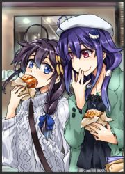 Rule 34 | 2girls, ahoge, alternate costume, black hair, black shirt, blouse, blue eyes, braid, commentary request, eating, food, green jacket, hair flaps, hair ornament, hair over shoulder, hairclip, jacket, kantai collection, low twintails, multiple girls, purple hair, red eyes, ryuuhou (kancolle), shigure (kancolle), shirt, single braid, sweater, taigei (kancolle), takana shinno, twintails, upper body, white sweater