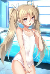 Rule 34 | 1boy, blonde hair, clothes pull, cowboy shot, fang, hair ornament, highres, long hair, looking at viewer, male focus, navel, one-piece swimsuit, one-piece swimsuit pull, open mouth, original, pool, purple eyes, rabbit hair ornament, school swimsuit, skin fang, solo, standing, swimsuit, trap, twintails, white one-piece swimsuit, white school swimsuit, yadamon (neverland)