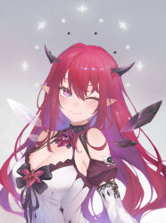Rule 34 | 1girl, a9 (repainter), absurdres, bare shoulders, black bow, black horns, black ribbon, bloom (irys), blush, bow, breasts, cleavage, cleavage cutout, closed mouth, clothing cutout, colored inner hair, commentary, crystal wings, demon girl, demon horns, detached sleeves, dress, eyelashes, fangs, fangs out, grey background, hair between eyes, highres, hololive, hololive english, horns, irys (hololive), irys (irys 2.0) (hololive), juliet sleeves, large breasts, long hair, long sleeves, looking at viewer, mismatched wings, multicolored hair, one eye closed, pointy ears, puffy sleeves, purple eyes, purple hair, red hair, ribbon, sidelocks, simple background, skin fangs, sleeveless, sleeveless dress, smile, solo, sparkle, star-shaped pupils, star (symbol), symbol-only commentary, symbol-shaped pupils, upper body, virtual youtuber, white dress, white sleeves, wings