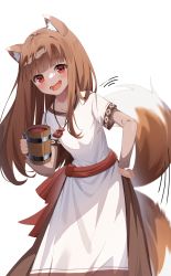 Rule 34 | 1girl, :d, absurdres, afterimage, animal ears, apron, blush, brown hair, brown skirt, commentary request, cup, drink, hand on own hip, highres, holding, holding cup, holo, leaning forward, long hair, looking at viewer, mushi (1756559585), open mouth, red eyes, shirt, short sleeves, simple background, skirt, smile, solo, speed lines, spice and wolf, tail, tail wagging, tankard, transparent background, very long hair, waist apron, white apron, white background, white shirt, wolf ears, wolf girl, wolf tail