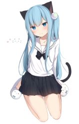 Rule 34 | 1girl, amashiro natsuki, animal ears, animal slippers, black bow, black skirt, blue eyes, blue hair, blush, bow, cat day, cat ears, cat girl, cat slippers, cat tail, closed mouth, collarbone, commentary request, full body, hair between eyes, hair ornament, head tilt, highres, long hair, long sleeves, looking at viewer, nekoha shizuku, one side up, original, pleated skirt, sailor collar, shirt, simple background, sitting, skirt, slippers, smile, solo, tail, very long hair, wariza, white background, white footwear, white sailor collar, white shirt
