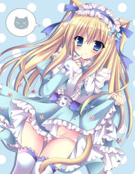 Rule 34 | 1girl, animal ears, bags under eyes, blonde hair, blue bow, blue dress, blue eyes, blue ribbon, bow, breasts, cameltoe, cat ears, cat girl, cat tail, closed mouth, clothes lift, commentary request, cowboy shot, dress, finger to mouth, frilled skirt, frills, gluteal fold, groin, hair between eyes, hair ribbon, hand up, juliet sleeves, kirishima riona, legs together, lifted by self, long hair, long sleeves, looking at viewer, lowleg, lowleg panties, medium breasts, original, panties, petals, puffy sleeves, ribbon, skirt, skirt lift, sleeves past wrists, smile, solo, standing, tail, thigh gap, thighhighs, underwear, white panties, white thighhighs