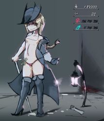 Rule 34 | 1girl, bad id, bad pixiv id, bikini, blood, bloodborne, boots, brown hair, chain, clitoris piercing, flat chest, freckles, gameplay mechanics, gray bear, hat, high heels, highres, linked piercing, long coat, micro bikini, money, tucked money, nipple piercing, off shoulder, over-kneehighs, piercing, prostitution, pussy piercing, red eyes, short hair, solo, suggestive fluid, swimsuit, tally, thigh boots, thighhighs