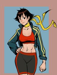 Rule 34 | 1girl, abs, alternate costume, animated, animated gif, bike shorts, black hair, bra, breasts, choker, cleavage, clenched hand, collarbone, commission, cropped jacket, dark areolae, female pubic hair, hand on own hip, izra, jacket, light smile, makoto (street fighter), medium breasts, midriff, multiple views, navel, nipples, nude, pubic hair, red bra, red sports bra, ribbon choker, short hair, sports bra, street fighter, street fighter iv (series), taut clothes, tomboy, toned, track jacket, underwear