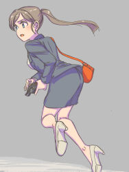 1girl bag blue_eyes blush brown_hair clothes_pull commentary dated_commentary full_body gun handbag handgun high_heels highres holding holding_gun holding_weapon kageng long_hair office_lady open_mouth original pencil_skirt ponytail red_bag revolver running simple_background skirt solo trigger_discipline weapon white_footwear