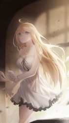 Rule 34 | 1girl, absurdres, ahoge, althea jade, bare shoulders, blonde hair, blue eyes, closed mouth, collarbone, cowboy shot, dress, frilled dress, frills, highres, jewelry, long hair, necklace, nijisanji, nijisanji id, out of frame, shadow, solo focus, strapless, strapless dress, virtual youtuber, white dress, zea cornelia