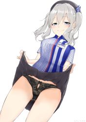 Rule 34 | 1girl, absurdres, beret, black panties, black skirt, blue eyes, blush, bow, bow panties, breasts, cashier, closed mouth, commentary request, cowboy shot, employee uniform, from below, gluteal fold, groin, hat, highres, id card, kantai collection, kashima (kancolle), kerchief, lace, lace-trimmed panties, lace trim, large breasts, lawson, lifted by self, lingerie, long hair, looking at viewer, mishima ryo, panties, pleated skirt, shirt, sidelocks, silver hair, simple background, skirt, smile, solo, store clerk, striped clothes, striped shirt, thighs, twintails, underwear, uniform, vertical-striped clothes, vertical-striped shirt, wavy hair, white background