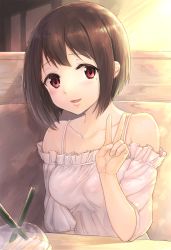 Rule 34 | 1girl, bare shoulders, blouse, blush, bob cut, brown hair, collarbone, cup, disposable cup, drinking straw, elbow rest, frills, fukuroumori, hibike! euphonium, indoors, looking at viewer, mole, mole under eye, nakaseko kaori, off-shoulder blouse, red eyes, shirt, short hair, solo, spaghetti strap, sunlight, table, upper body, v, whipped cream, white shirt