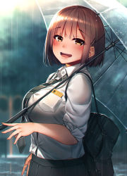 Rule 34 | 1girl, :d, bad id, bad pixiv id, bag, black neckwear, black skirt, blurry, blurry background, blush, breasts, brown eyes, brown hair, collared shirt, commentary request, depth of field, diagonal-striped clothes, diagonal-striped necktie, diagonal-striped neckwear, hair ornament, hairclip, highres, large breasts, looking at viewer, looking to the side, necktie, open mouth, original, pleated skirt, rain, rerrere, round teeth, school bag, school uniform, shirt, short hair, skirt, smile, solo, striped clothes, striped neckwear, teeth, transparent, transparent umbrella, umbrella, upper teeth only, white shirt